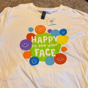 Gildan White Tee with Colorful Happy Face Design